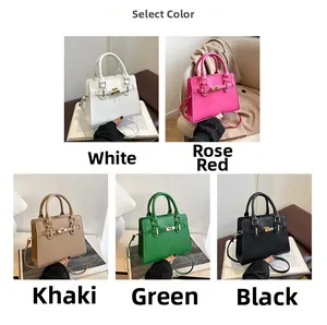 Detailed collage of textured trapezoid handbags in white, rose red, khaki, green and black
