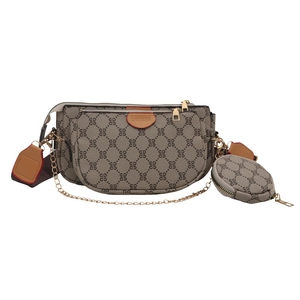 Three-piece retro monogram crossbody bag set with chain and wide strap in earth tones