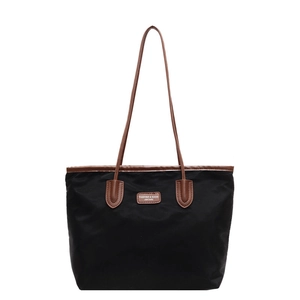 Minimalist large capacity black nylon tote bag with brown leather handles for women