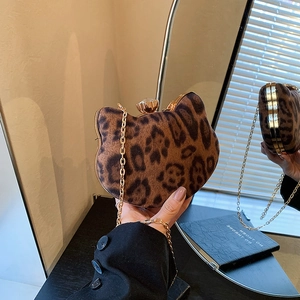 Mini leopard print cat-shaped evening bag with gold chain strap and rhinestone clasp