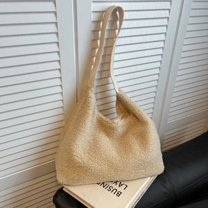 Vintage beige teddy fleece tote bag with leather shoulder straps for winter commuting