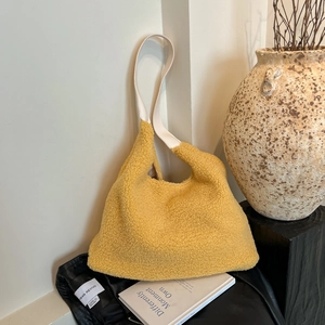 Vintage yellow plush tote bag with white leather straps for minimalist autumn winter fashion