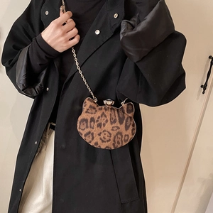 Mini leopard print cat-shaped crossbody bag with gold chain and crystal clasp