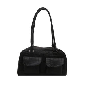 Retro black crocodile pattern shoulder bag with dual front pockets and sleek strap