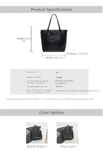 Spécifications de taille du sac cabas noir à motif crocodile avec dimensions détaillées