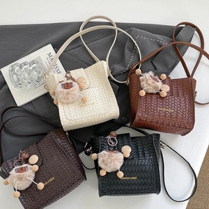 Women Korean Casual Woven Bucket Bag Synthetic Leather Shoulder Crossbody Bag Urban Minimalist Commute Small Fashion Handbag