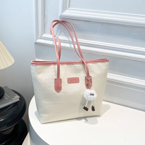Women Large Capacity Suede Tote Bag Urban Simple Geometric Embossed Shoulder Handbag With Plush Pendant For Office School