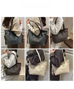 Multiple views of large tote bags with classic monogram pattern and leather straps