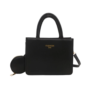 Fashionable black faux leather square handbag with golden details and small coin purse