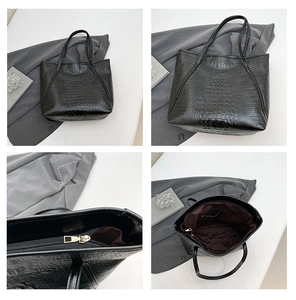 Vues détaillées d'un sac cabas noir motif crocodile montrant texture, fermeture et intérieur
