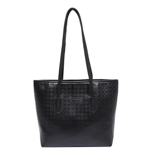 Black leather tote bag with houndstooth embossing and metal logo for women's work commute