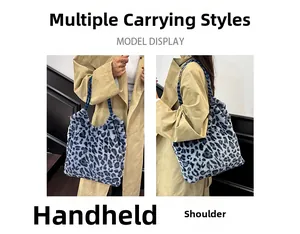 Faux fur leopard print tote bag shown in both hand-held and over-the-shoulder styles