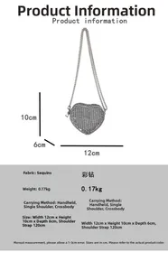 Detailed size specifications for silver heart-shaped rhinestone mini bag with chain