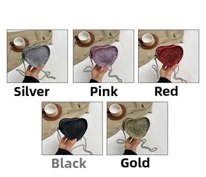 Detail showing heart-shaped sequin bags in five colors with stylish metal chains