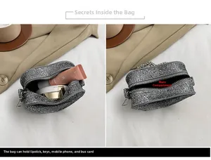 Detail view of mini silver rhinestone bag interior showing storage for lipstick and cards
