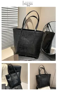Détails du grand sac cabas noir à motif crocodile avec un design minimaliste chic