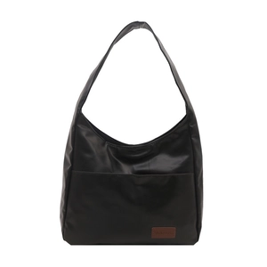 Borsa tote nera retrò capiente con toppa in pelle marrone e finitura lucida liscia
