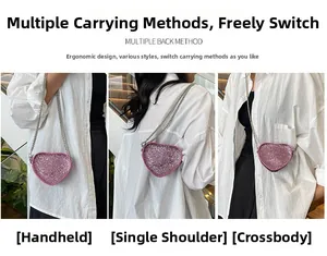 Pink heart-shaped sequin mini bag showing three ways to wear with a silver chain strap