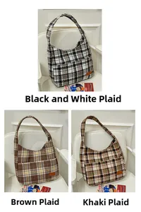 Three variants of vintage plaid tote bags in black, brown, and khaki tweed fabric