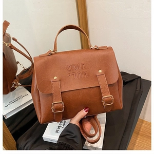 Women Vintage PU Leather Backpack Fashion Stitching Letter Embossed Handbag Multi-functional Commute Retro Solid Color Flap Bag