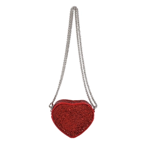 Red heart-shaped evening bag with sparkling rhinestones and silver chain strap