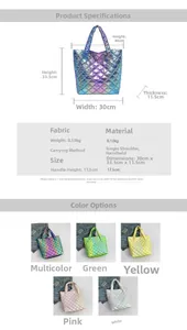 Tabella taglie per borsa shopper trapuntata 30x33x11cm in cinque varianti colore