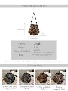 Detail specifications of leopard print bucket bag with 30x25x16cm dimensions and fabric info