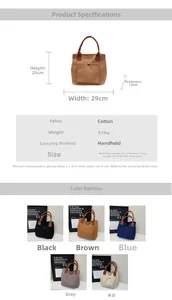 Dimensions détaillées et tableau de poids pour le sac cabas en toile avec poignées contrastées