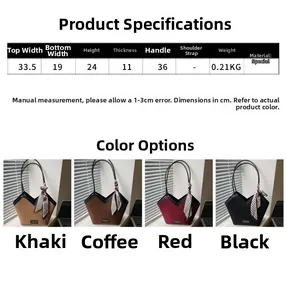 Detail view of large capacity tote bag dimensions and four available colors with silk scarf