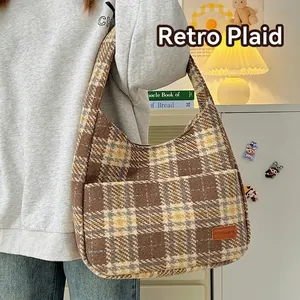 Large vintage plaid shoulder bag in brown tweed for women minimalist tote style