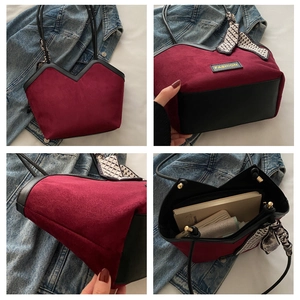 Collage showing burgundy suede tote bag interior capacity and refined edge details
