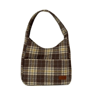 Retro plaid tote bag with brown and beige woolen fabric for daily commute