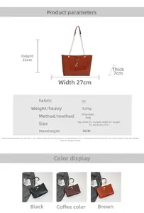 Size chart showing PU leather tote bag dimensions and detailed technical specifications