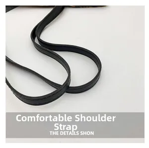 Detailed view of the comfortable black faux leather shoulder strap with neat stitching