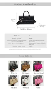 Detailed size chart and specifications for the quilted PU leather handbag with 102cm strap
