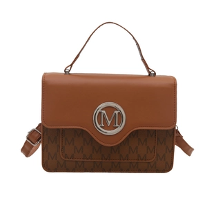 Vintage brown leather crossbody bag with M logo monogram and top handle for women