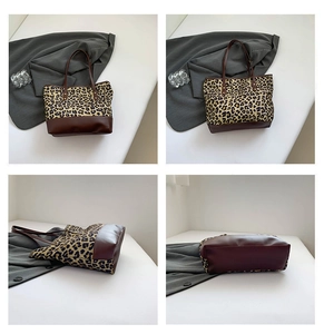 Viste dettagliate della borsa tote leopardata con cuciture in pelle marrone e borchie