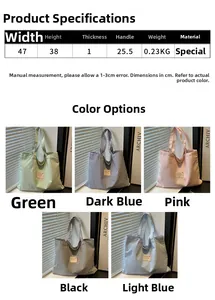 Detailed size chart for large striped tote bag with dimensions and five color options