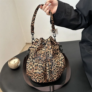 Women Canvas Leopard Print Bucket Bag Retro Fashion Drawstring Shoulder Bag Versatile Crossbody Handbag For Daily Travel