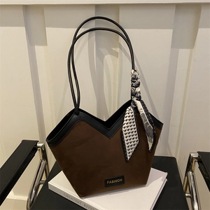 Fashionable brown suede tote bag with V-neck opening and decorative silk scarf detail