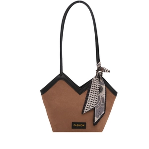 Fashionable brown suede tote bag with silk scarf detail and large capacity design