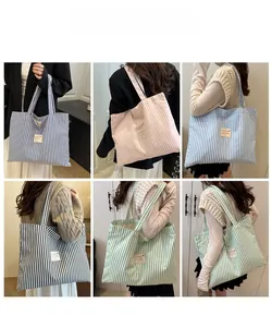 Collage of striped canvas tote bags in various colors worn by models for daily commute
