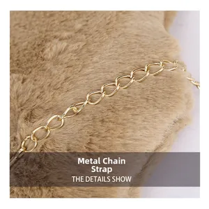 Detail shot of golden metal chain strap on fluffy light brown faux fur shoulder bag