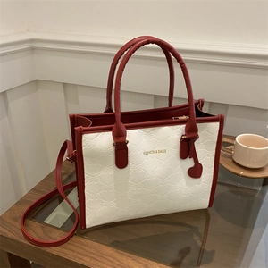 Women Color Block Suede Tote Bag Bow Embossed Handbag With Heart Pendant Spacious Commuter Shoulder Bag Modern Simple