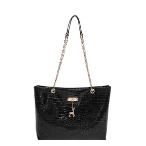 Classic black crocodile pattern tote bag for women with gold chain and deer pendant