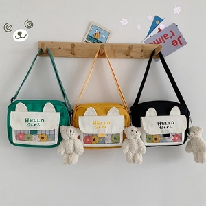 Cute Cartoon Cat Ear Crossbody Bag For Women Girls Nylon Canvas Small Shoulder Bag With Plush Bear Keychain Letter Print