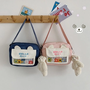 Cute canvas crossbody bag with cat ears, transparent window and plush bear pendant