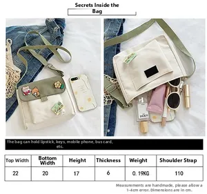 Tableau des tailles détaillé pour un sac bandoulière en toile avec dimensions internes