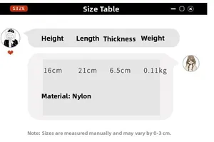 Size table showing dimensions 21x16x6.5cm and lightweight nylon fabric for crossbody bag
