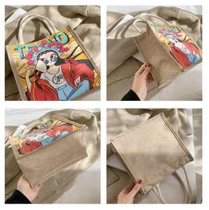 Detail view of ethnic style canvas tote bag with traditional opera and modern art print